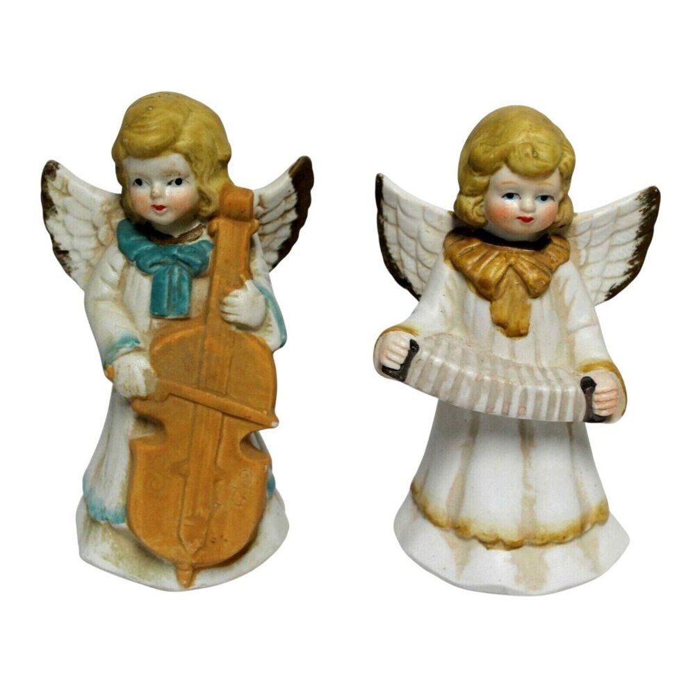 Vtg 70s Bisque Porcelain Angels Playing Instruments Cello Accordion Choir Blond